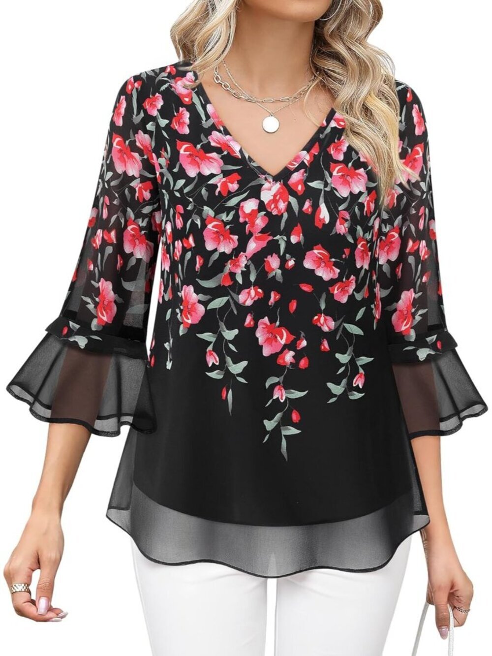 Women's Top Black Red Casual Ruffle 3/4 Sleeves V Neck Floral Chiffon Blouses